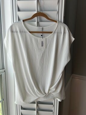 Petite Assembly Soft Twist-Front Ivory Short Sleeve Blouse
